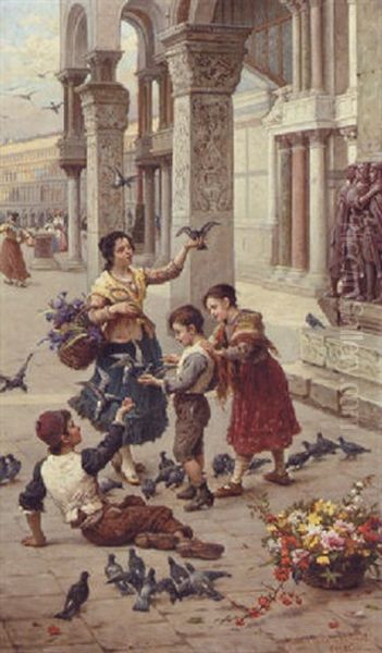 Feeding The Pigeons At Piazza St. Marco, Venice Oil Painting by Antonio Ermolao Paoletti