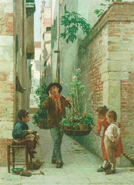 A Flower Seller Oil Painting by Antonio Ermolao Paoletti