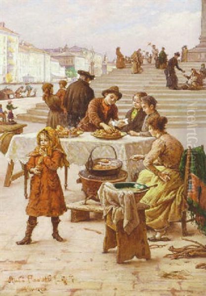 Venetian Food Sellers Oil Painting by Antonio Ermolao Paoletti