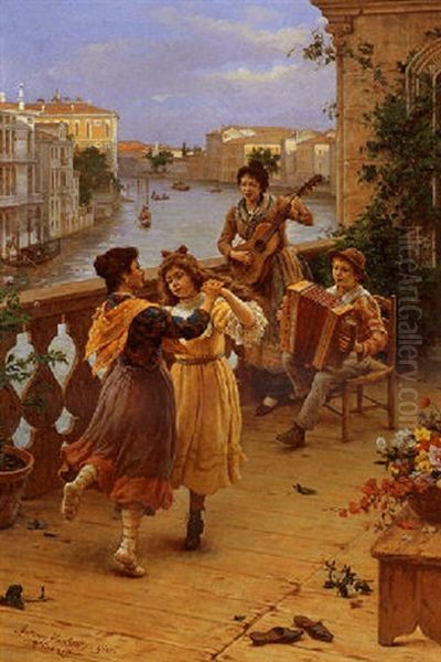 On A Venetian Balcony Oil Painting by Antonio Ermolao Paoletti