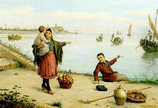 Venetian Children By The Shore Oil Painting by Antonio Ermolao Paoletti