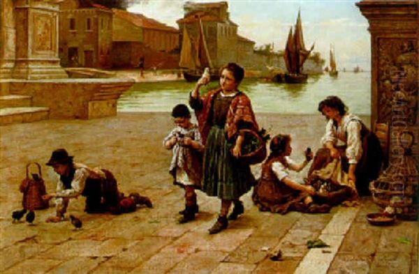 Die Kleinen Vogelverkaufer An Der Riva Degli Schiavoni Oil Painting by Antonio Ermolao Paoletti