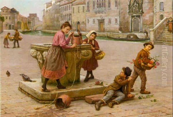 Children At A Well, Venice Oil Painting by Antonio Ermolao Paoletti