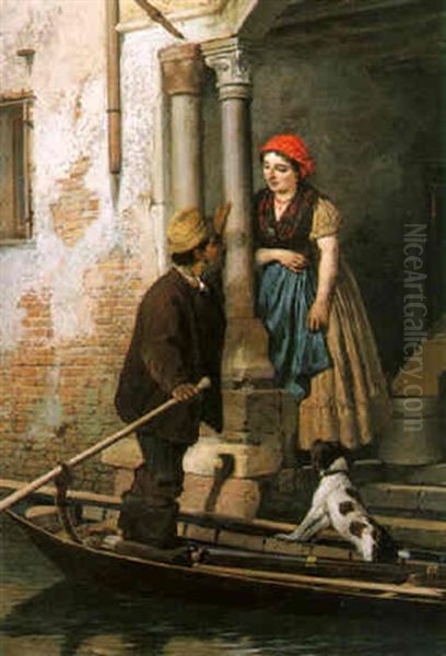 Courtship In Venice Oil Painting by Antonio Ermolao Paoletti