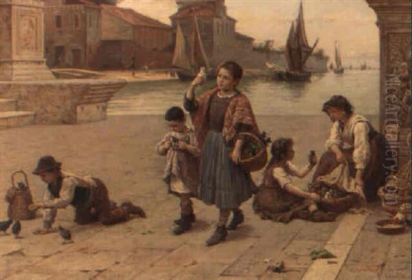 Venditrici Di Pulcini A Riva Degli Schiavone Oil Painting by Antonio Ermolao Paoletti