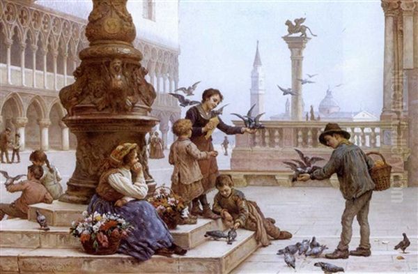 Feeding The Pigeons Oil Painting by Antonio Ermolao Paoletti