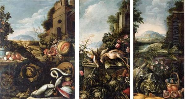 Grapes, Pomegranates, Onions, A Melon And A Pear Tree In A Pot On Two Stone Ledges, With Fish, Cabbages And Artichokes, By Ruins In An Extensive Landscape (+ 2 Others, Smaller; Set Of 3) Oil Painting by Paolo Paoletti