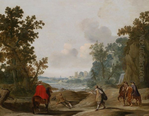 Travellersand Horsemen In A Wide Landscape Oil Painting by Gerrit Claesz Bleker