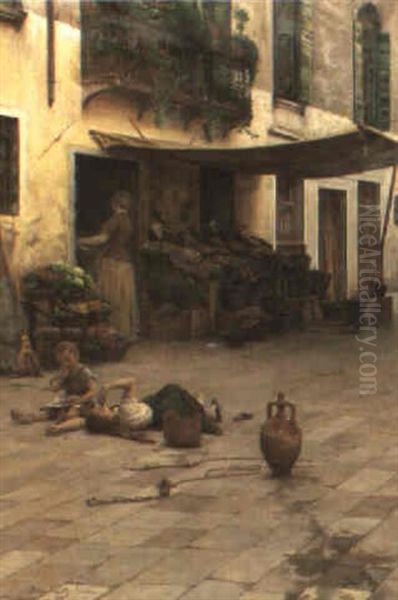 A Vegetable Market, Venice Oil Painting by Sylvius D. Paoletti