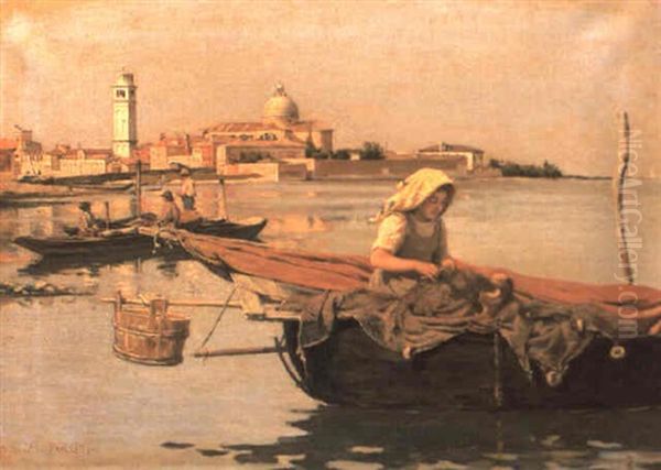 Fisherwoman Repairing Her Nets On The Mincio, Mantua Oil Painting by Sylvius D. Paoletti