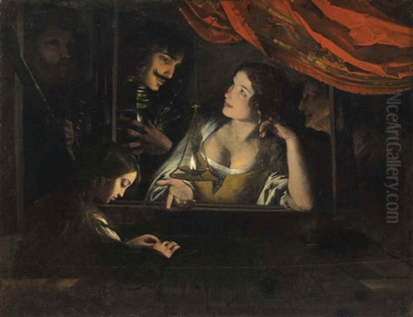 Figures In An Interior Around A Lantern Oil Painting by Pietro Paolini