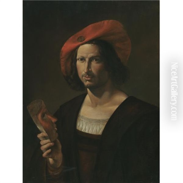 Portrait Of A Young Man Wearing A Wide-brimmed Red Hat And Holding A Mask Oil Painting by Pietro Paolini