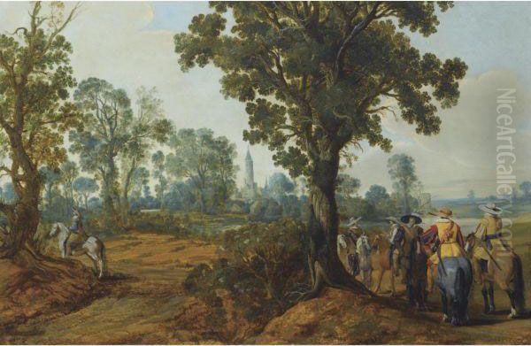 A Wooded Landscape With Mounted Soldiers, A Church Tower Beyond Oil Painting by Gerrit Claesz Bleker