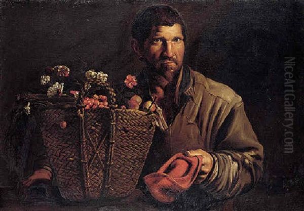 A Fruit-seller Holding A Basket Of Apples, Cherries And Flowers Oil Painting by Pietro Paolini