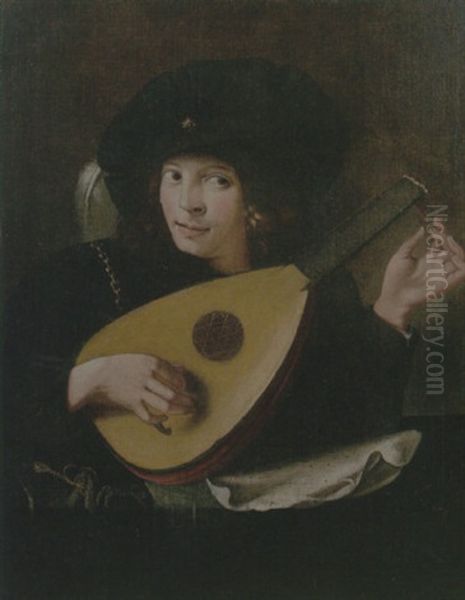 A Young Man Tuning A Lute Oil Painting by Pietro Paolini