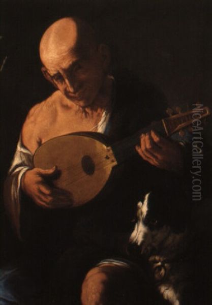 An Old Man Playing A Lute Oil Painting by Pietro Paolini