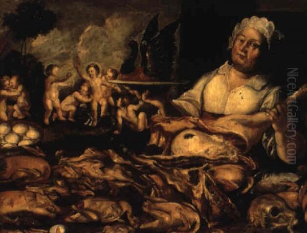 Natura Morta Di Pollame E Carni, Con Cuoca A Destra E Giochi Di Putti Oil Painting by Pietro Paolini