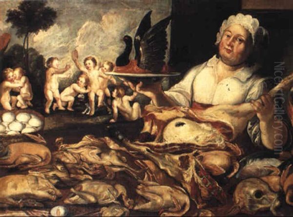 Natura Morta Di Polii E Carni, Con Cuoca E Giochi Di Putti Nell Sfondo Oil Painting by Pietro Paolini