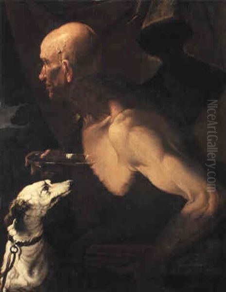 Philosopher With Bagpipes, Glass Dish Of Wine And A Dog Oil Painting by Pietro Paolini