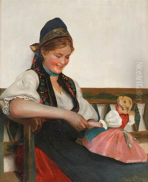 Junges Madchen In Tracht Mit Kleiner Puppe Oil Painting by Emil Pap