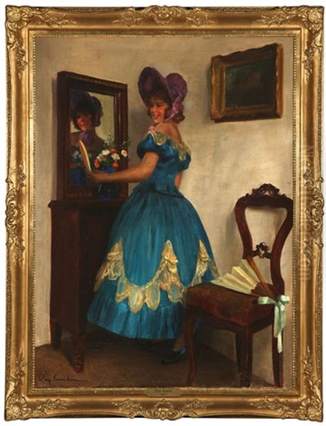 The Purple Bonnet, A Young Girl Admiring Herself In A Mirror Oil Painting by Emil Pap