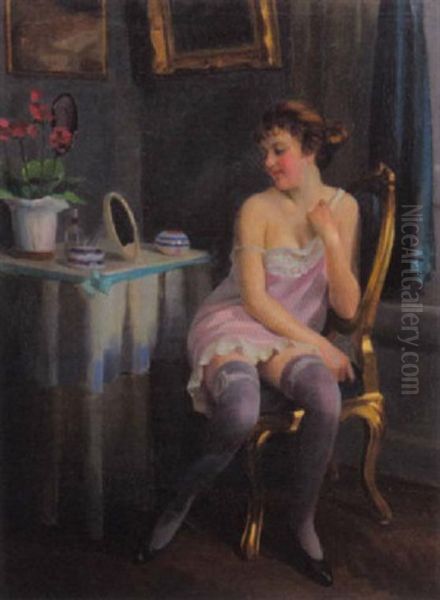 Woman Seated At Her Vanity Oil Painting by Emil Pap