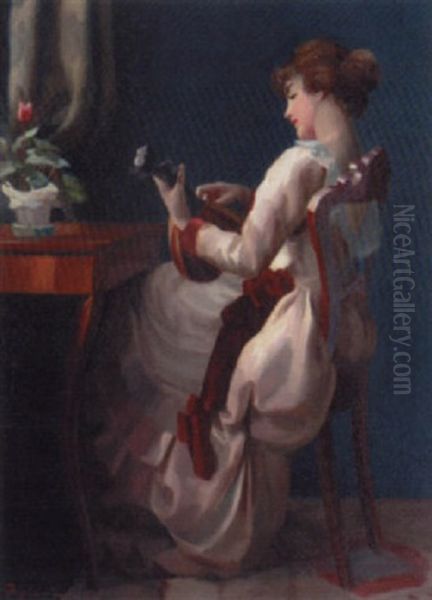 A Young Lady Playing A Mandolin In An Interior Oil Painting by Emil Pap