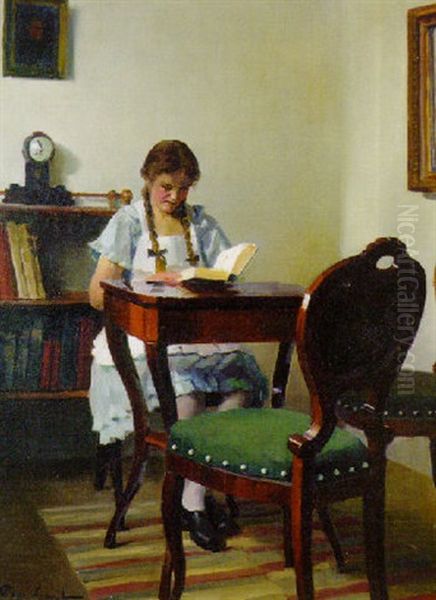 A Girl Reading At A Table Oil Painting by Emil Pap