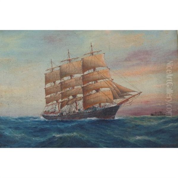 Three Master Clipper Ship In Full Sail In Choppy Sea Oil Painting by Luca Papaluca