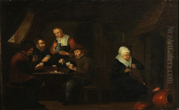 Figures Playing Cards In A Tavern Oil Painting by Abraham de Pape