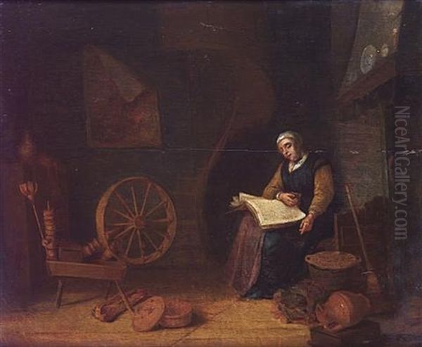 A Woman Reading In A Cottage Interior With A Spinning Wheel Oil Painting by Abraham de Pape