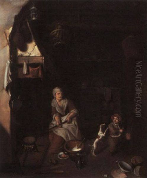 A Kitchen Interior With A Woman Cooking At A Fire Oil Painting by Abraham de Pape