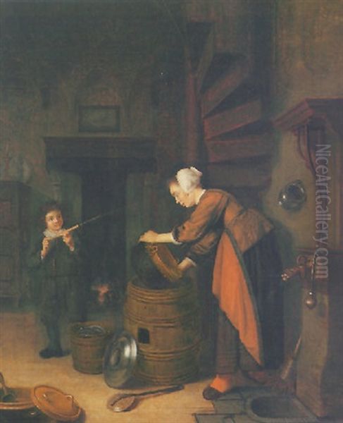 A Kitchen Interior With A Mischievous Boy Spraying A Scullery-maid Oil Painting by Abraham de Pape