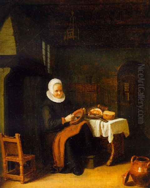 An Old Lady Eating At A Table In An Interior Oil Painting by Abraham de Pape