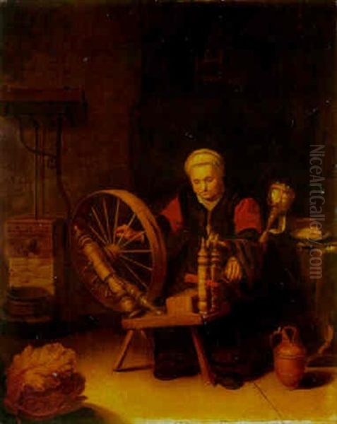 An Old Woman At A Spinning-wheel In An Interior Oil Painting by Abraham de Pape