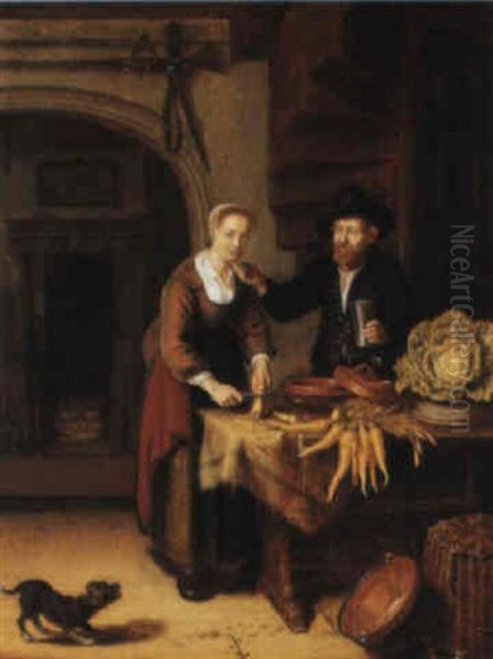 A Kitchen Interior With An Elderly Man Caressing A Kitchen Maid by Abraham de Pape