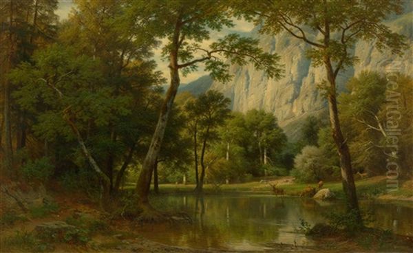 A Mountainous Forest Landscape With Pond And Game Oil Painting by Eduard Friedrich Pape