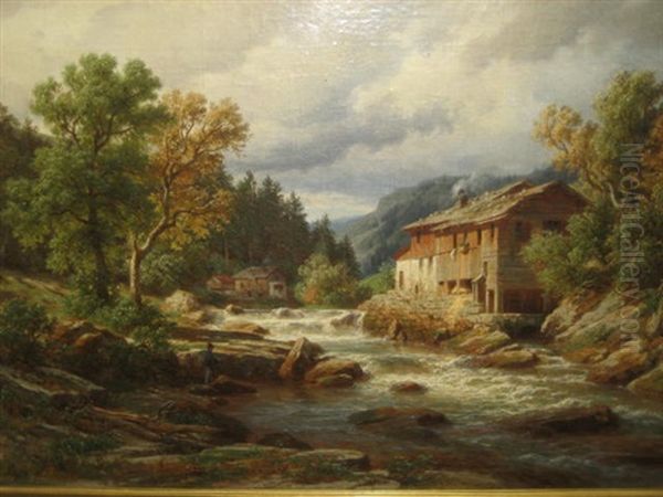 Millstream With Fishermen In The Foreground Oil Painting by Eduard Friedrich Pape