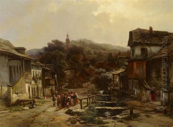 Strasenszene Im Schlesischen Reinerz (heute Duszniki Zdroj) Oil Painting by Eduard Friedrich Pape