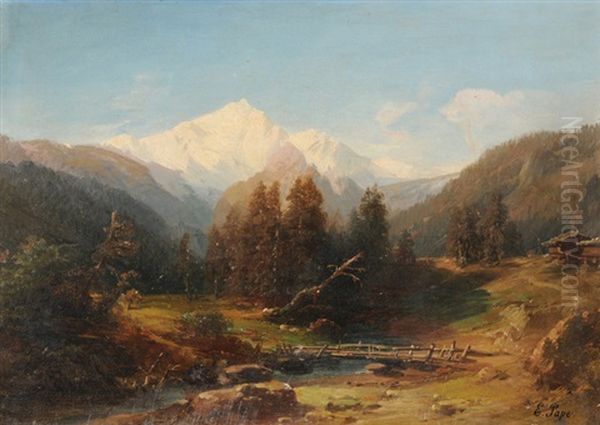 Berglandschaft Mit Fluss Und Holzbrucke Oil Painting by Eduard Friedrich Pape