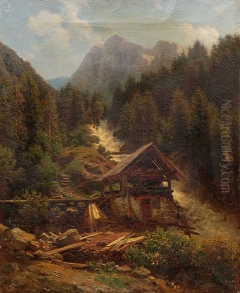 Sagemuhle An Einem Alpenlandischen Sturzbach Oil Painting by Eduard Friedrich Pape