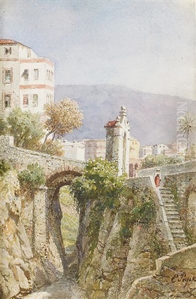 Alte Bogenbrucke In Einem Italienischen Stadtchen Oil Painting by Eduard Friedrich Pape