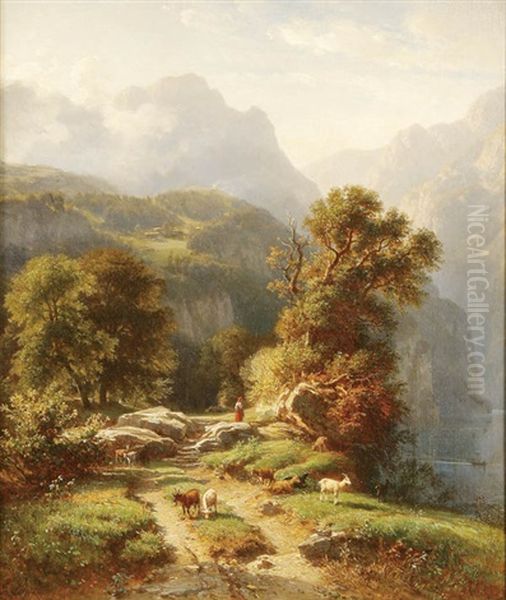 Goat Herding In The Alps Oil Painting by Eduard Friedrich Pape