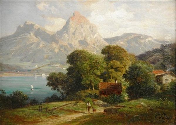 Sommeridylle. Blick Auf Ein Baum Bestandenes Seeufer Mit Bauernkaten. Im Hintergrund Eine Gebirgskette In Gleisendem Sonnenlicht. Am Vierwaldtstattersee(?) Oil Painting by Eduard Friedrich Pape