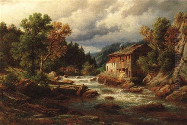 A Fisherman By A River In South Tirol, Austria Oil Painting by Eduard Friedrich Pape