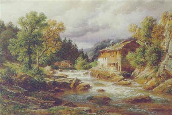 Bauernhauser Am Wildbach (sudtirol?) Oil Painting by Eduard Friedrich Pape