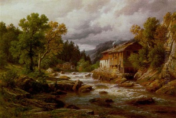 Bauernhauser Am Wildbach Im Gebirgstal Oil Painting by Eduard Friedrich Pape