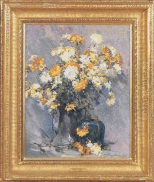 Still-life With Autumn Flowers In Cream And Marigold Oil Painting by Eric Pape