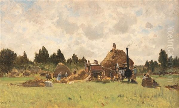 Labour In The Field With Steam Engine Oil Painting by Victor de Papelen (Papeleu)