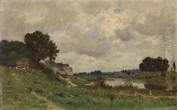 Landschaft Mit Weiher, Baumen, Hausern, Figuren- Und Tierstaffage Oil Painting by Victor de Papelen (Papeleu)